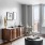 a room with a table and a mirror